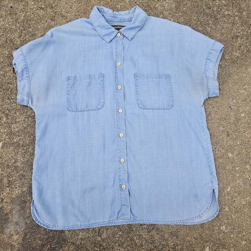 Tommy Bahama Blue Tencel Button Front Blouse Womens S Short Sleeve Shirttail Hem